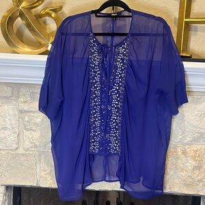 BLACK purple sheer shirt with front detail and bow tie Size L see photo for wear